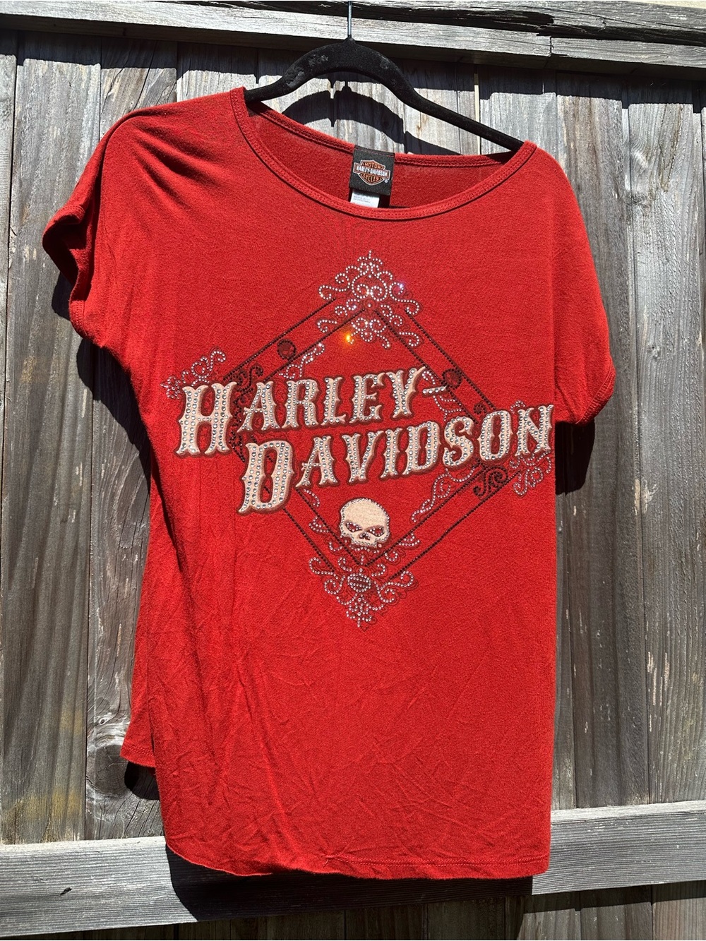 Harley-Davidson Women's Red Rhinestone Skull Logo Tee